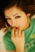 beautiful asian model,big earrings,sprite,green t-shirt,hand,face,skin,Misa Campo